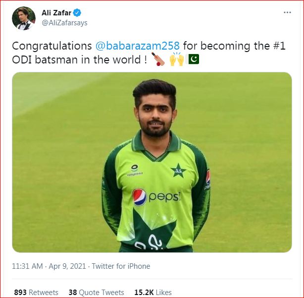 @AliZafarsays congratulates Babar Azam for becoming the #1 ODI batsman in the world