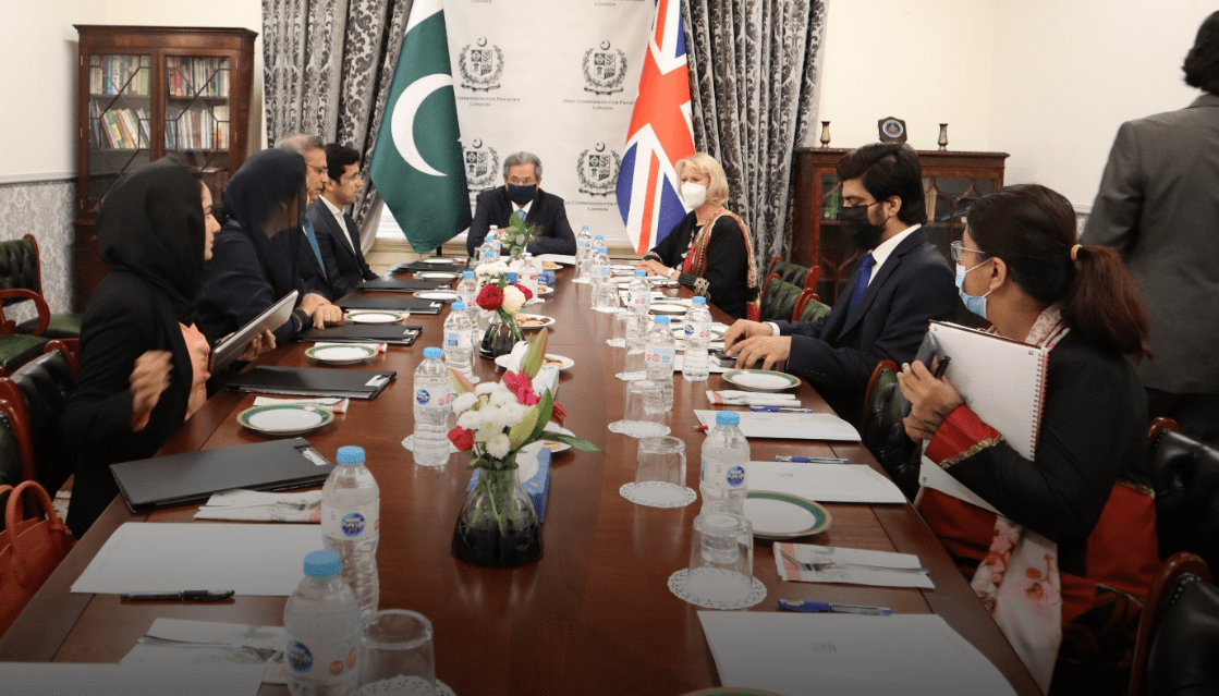 Shafqat Mahmood, Federal Minister for Education, Professional Training, National Heritage and Culture in a meeting with Alison Johns, CEO of Advance Higher Education, UK at the Pakistan High Commission London