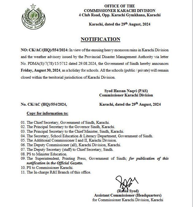 Schools Closure Notification By Commissioner Karachi