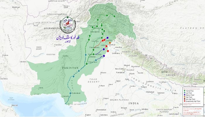 This image shows flood levels at various locations along Pakistans rivers on August 28 2025. FFD